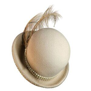 1960s George Zamaul NY Felt Hat Women Sz M Pearl Rhinestone Feather Embellished